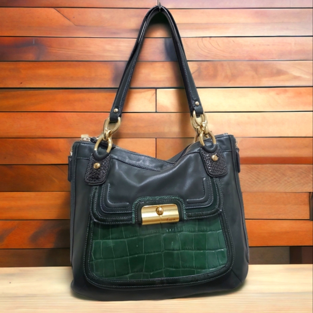$458 Coach Kristin Spectator Exotic Leather Hobo Bag EUC Croc Dark Green Hunter